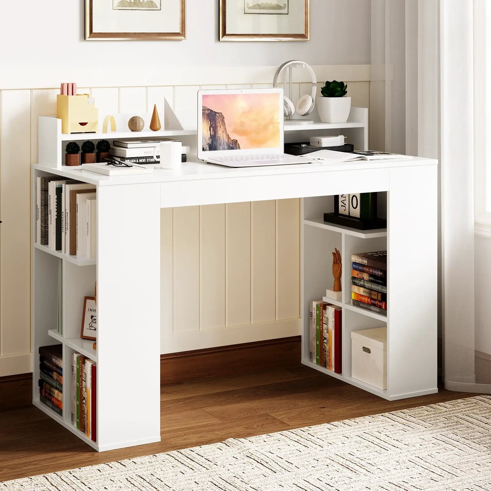 Computer Desk with Dual 3-Tier Bookshelf and Monitor Shelf-White by DirectDeals
