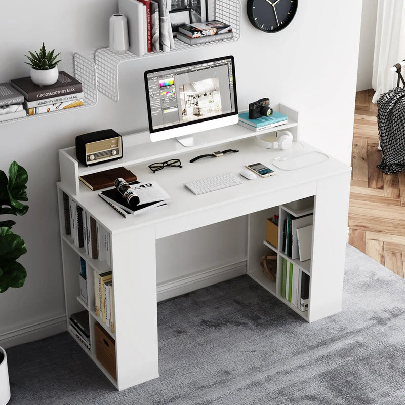 Computer Desk with Dual 3-Tier Bookshelf and Monitor Shelf-White by DirectDeals