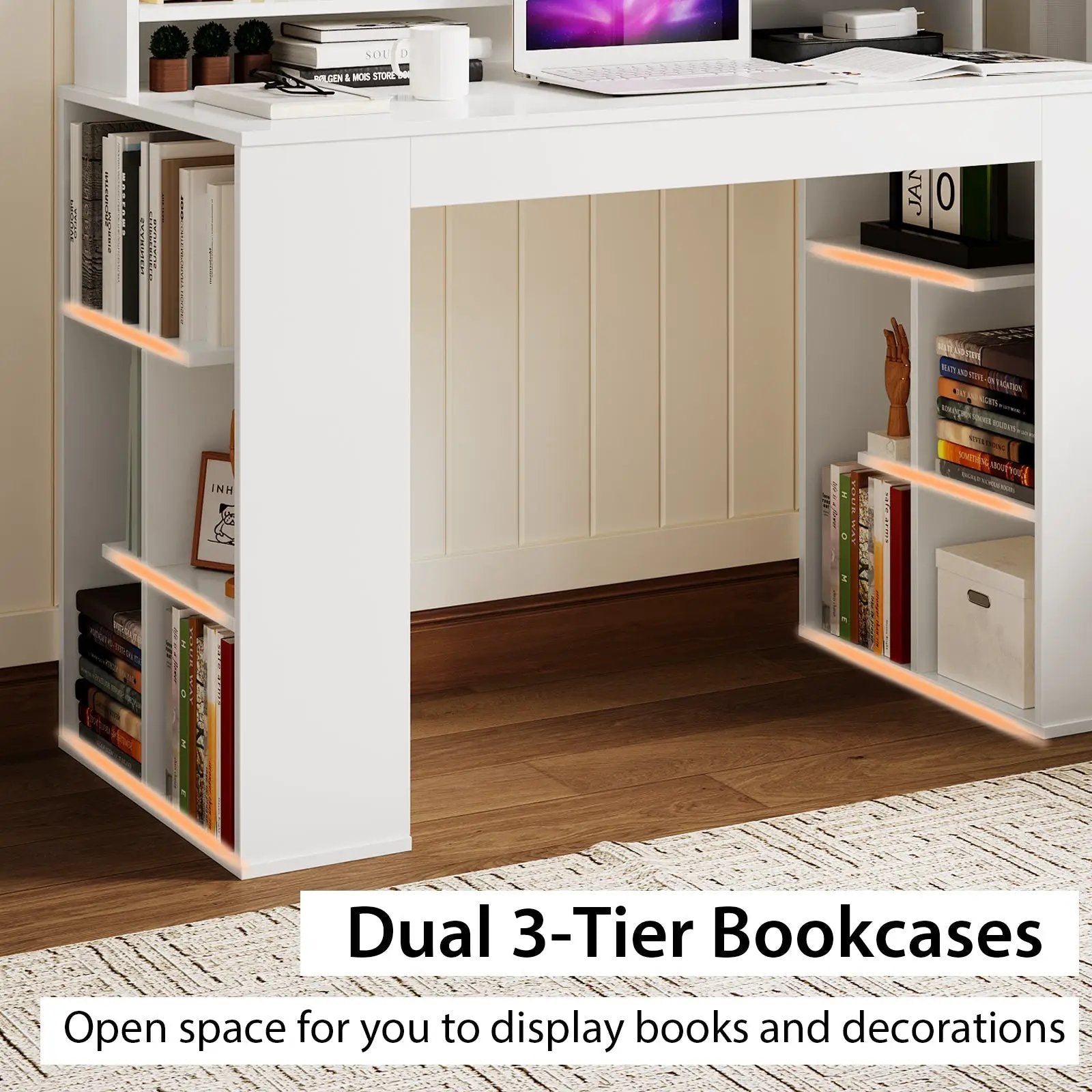 Computer Desk with Dual 3-Tier Bookshelf and Monitor Shelf-White by DirectDeals