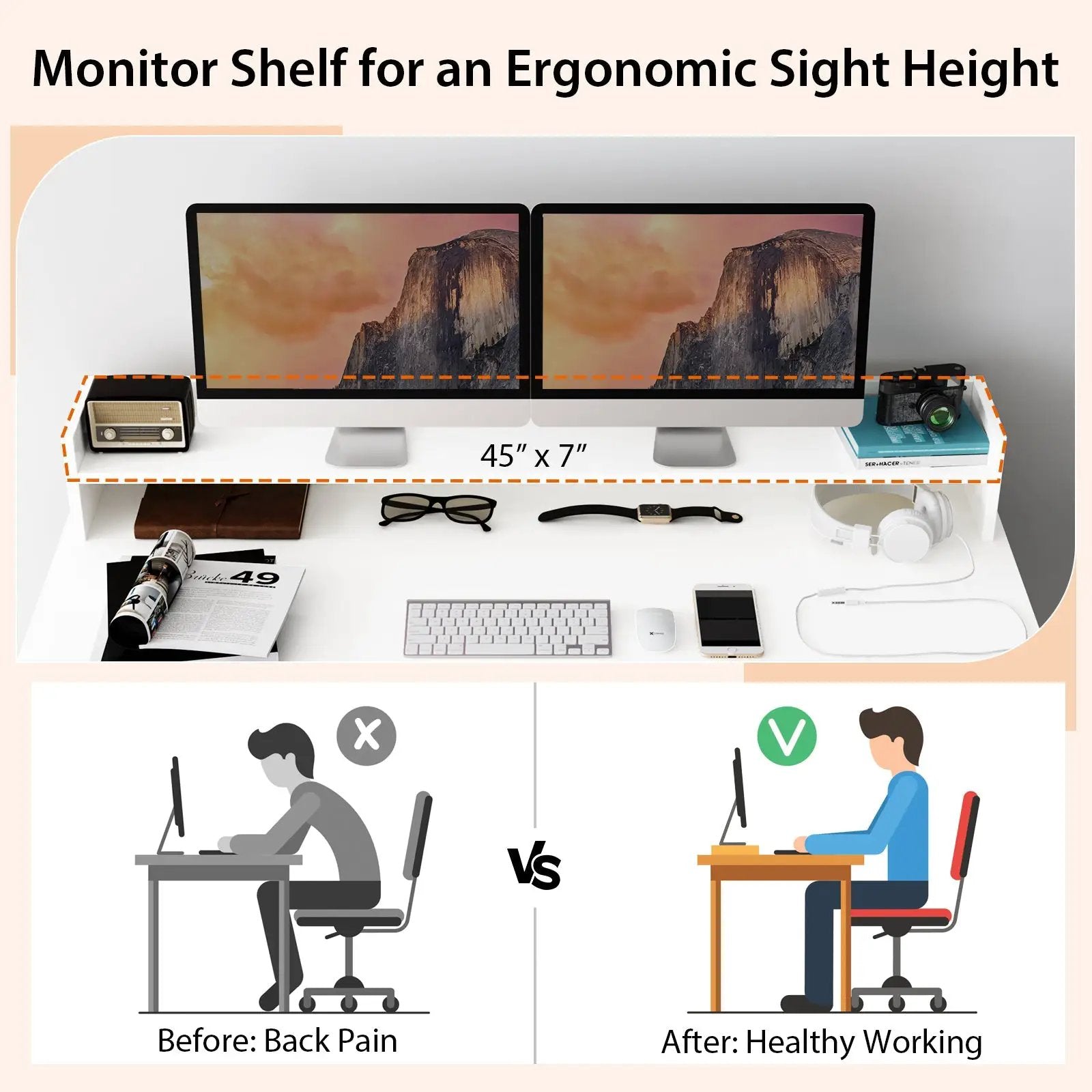 Computer Desk with Dual 3-Tier Bookshelf and Monitor Shelf-White by DirectDeals