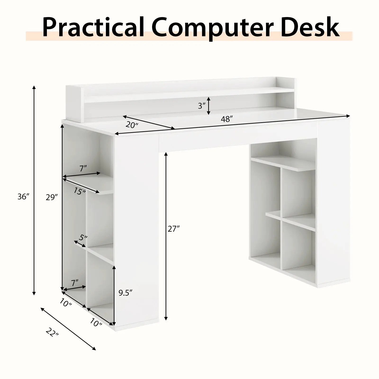 Computer Desk with Dual 3-Tier Bookshelf and Monitor Shelf-White by DirectDeals