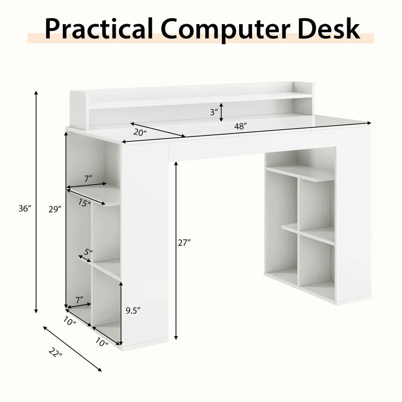 Computer Desk with Dual 3-Tier Bookshelf and Monitor Shelf-White by DirectDeals