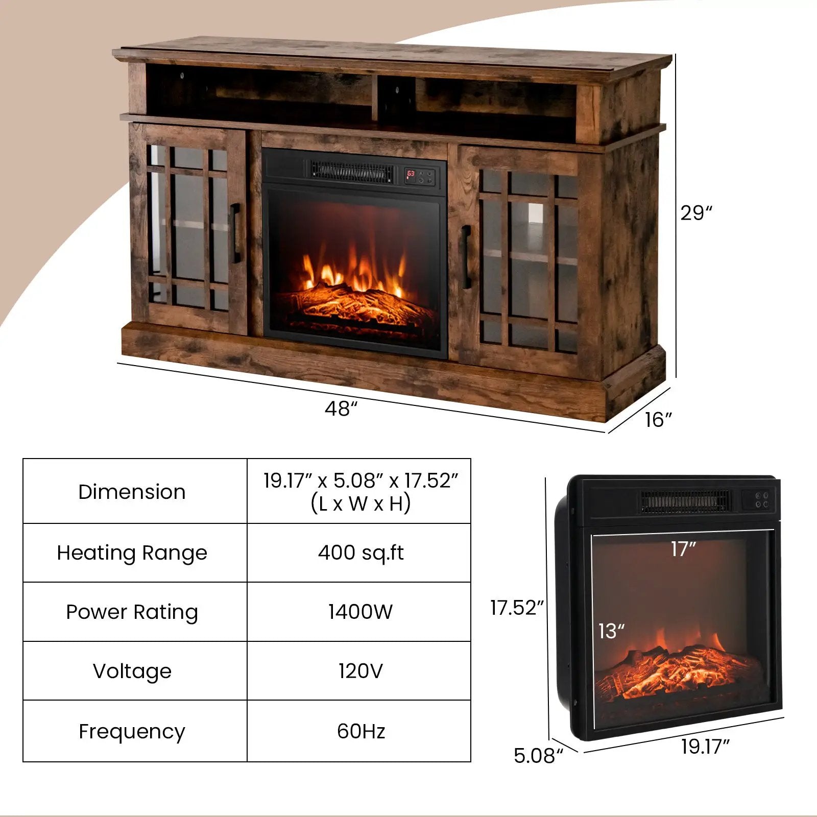 48 Inch Electric Fireplace TV Stand with Cabinets for TVs Up to 5 by DirectDeals