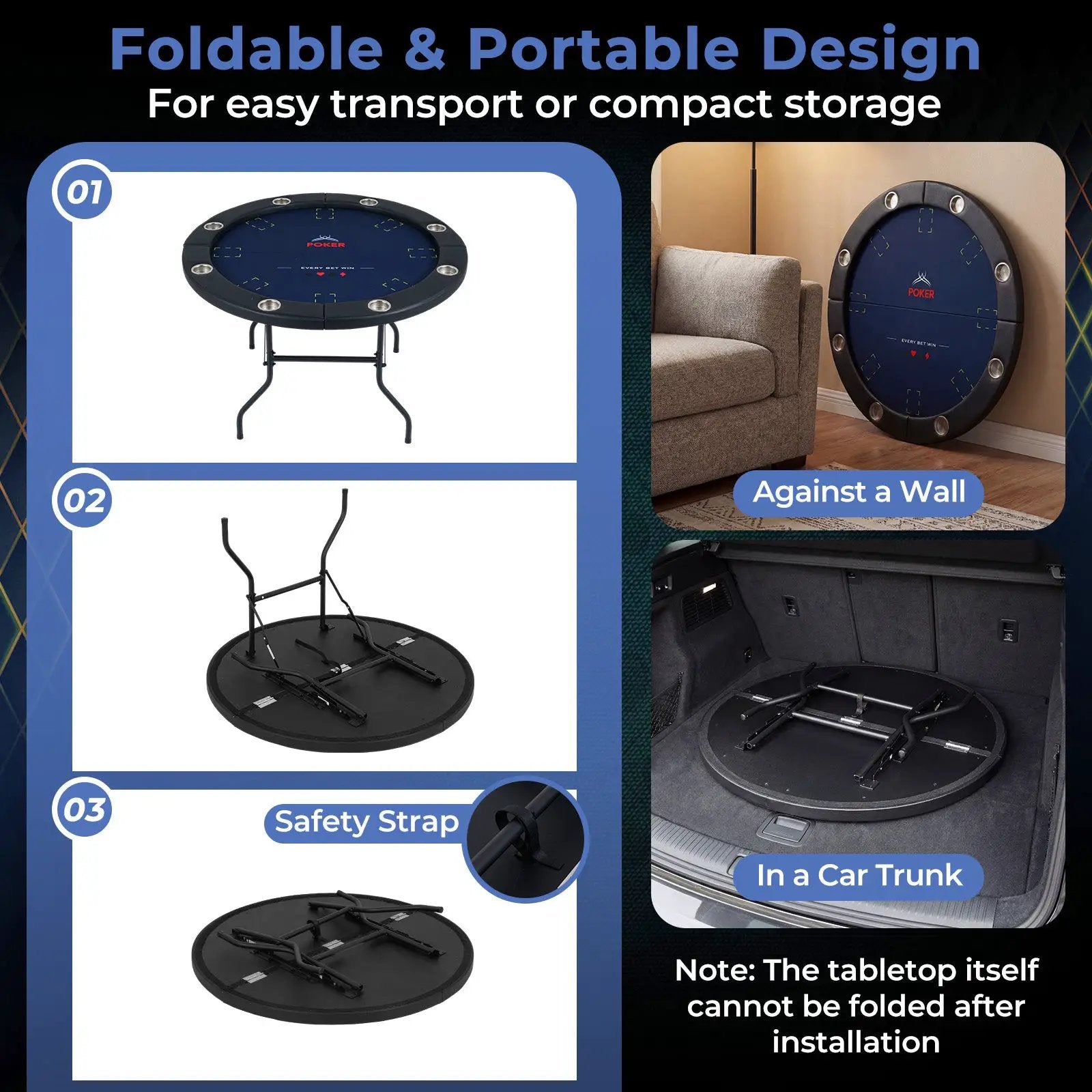 48 Inch Foldable Poker Table with 8 Cup Holders and Padded Edges by DirectDeals