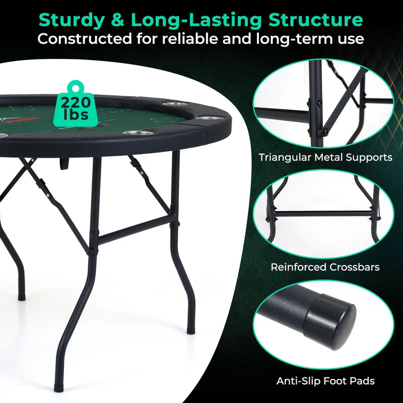 48 Inch Foldable Poker Table with 8 Cup Holders and Padded Edges by DirectDeals