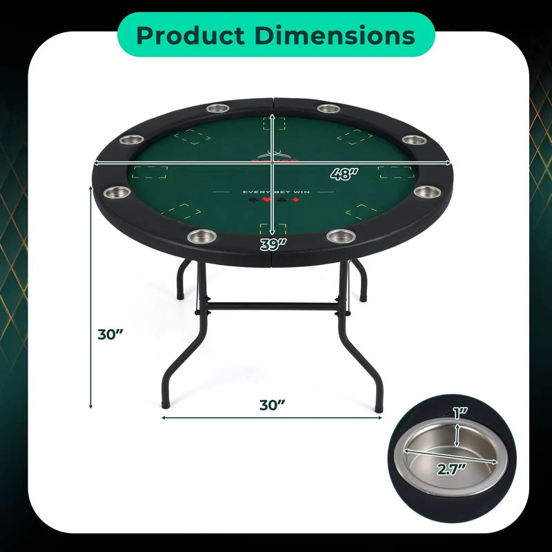 48 Inch Foldable Poker Table with 8 Cup Holders and Padded Edges by DirectDeals