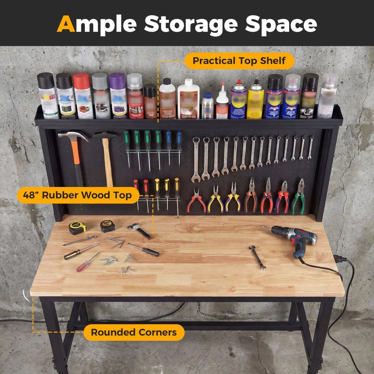 48 Inch Heavy Duty Workbench with AC/USB Outlets and Pegboard-Natural by DirectDeals