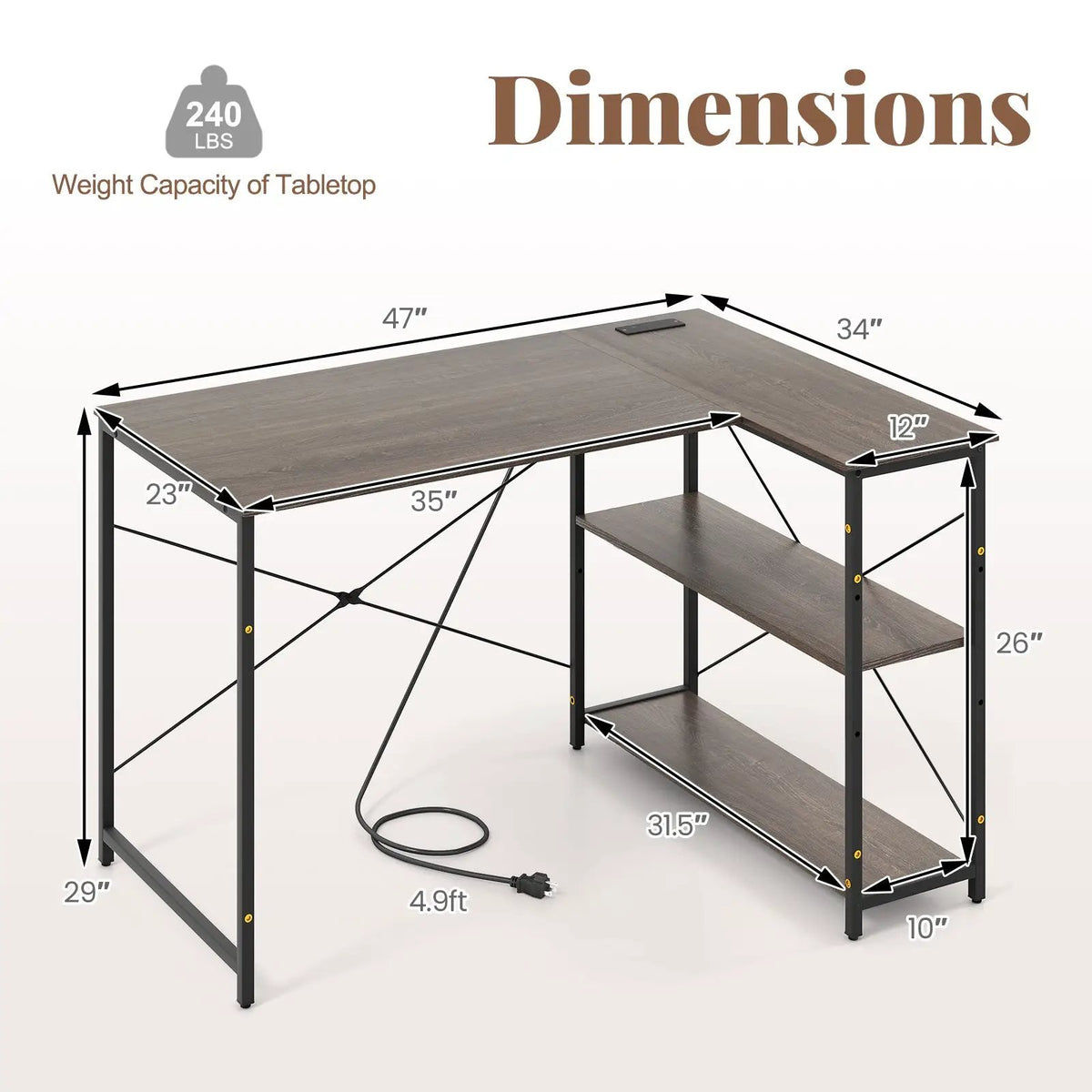 48 Inch Reversible L Shaped Computer Desk with Adjustable Shelf by DirectDeals