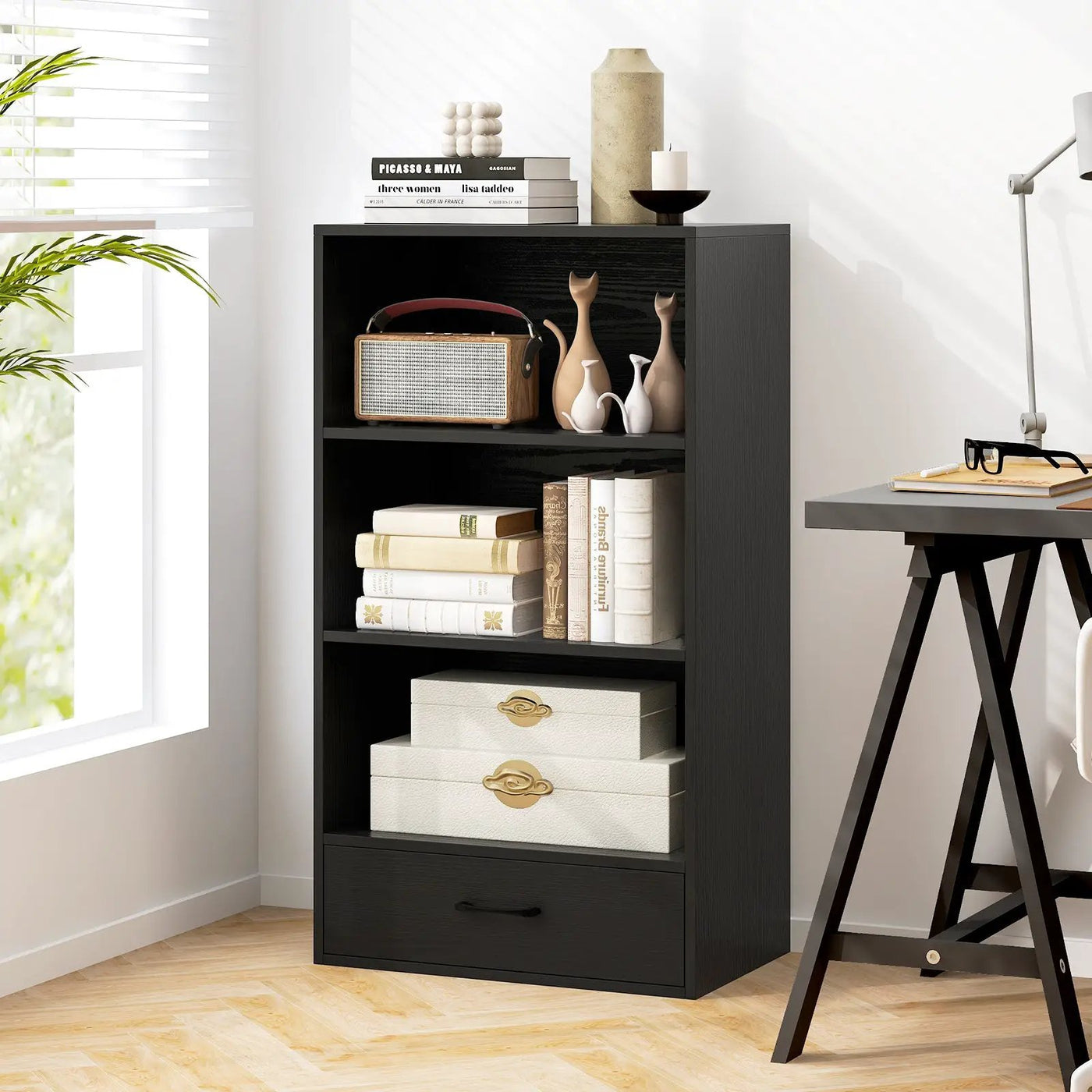 48 Inch Tall 4 Tiers Wood Bookcase with Drawer-Gray by DirectDeals