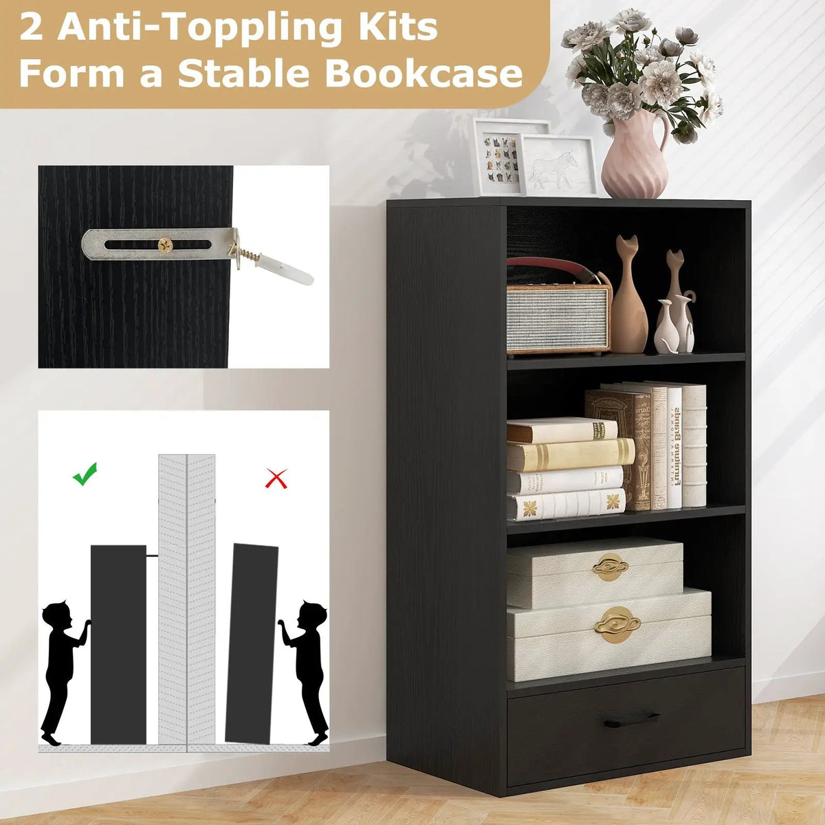 48 Inch Tall 4 Tiers Wood Bookcase with Drawer-Gray by DirectDeals