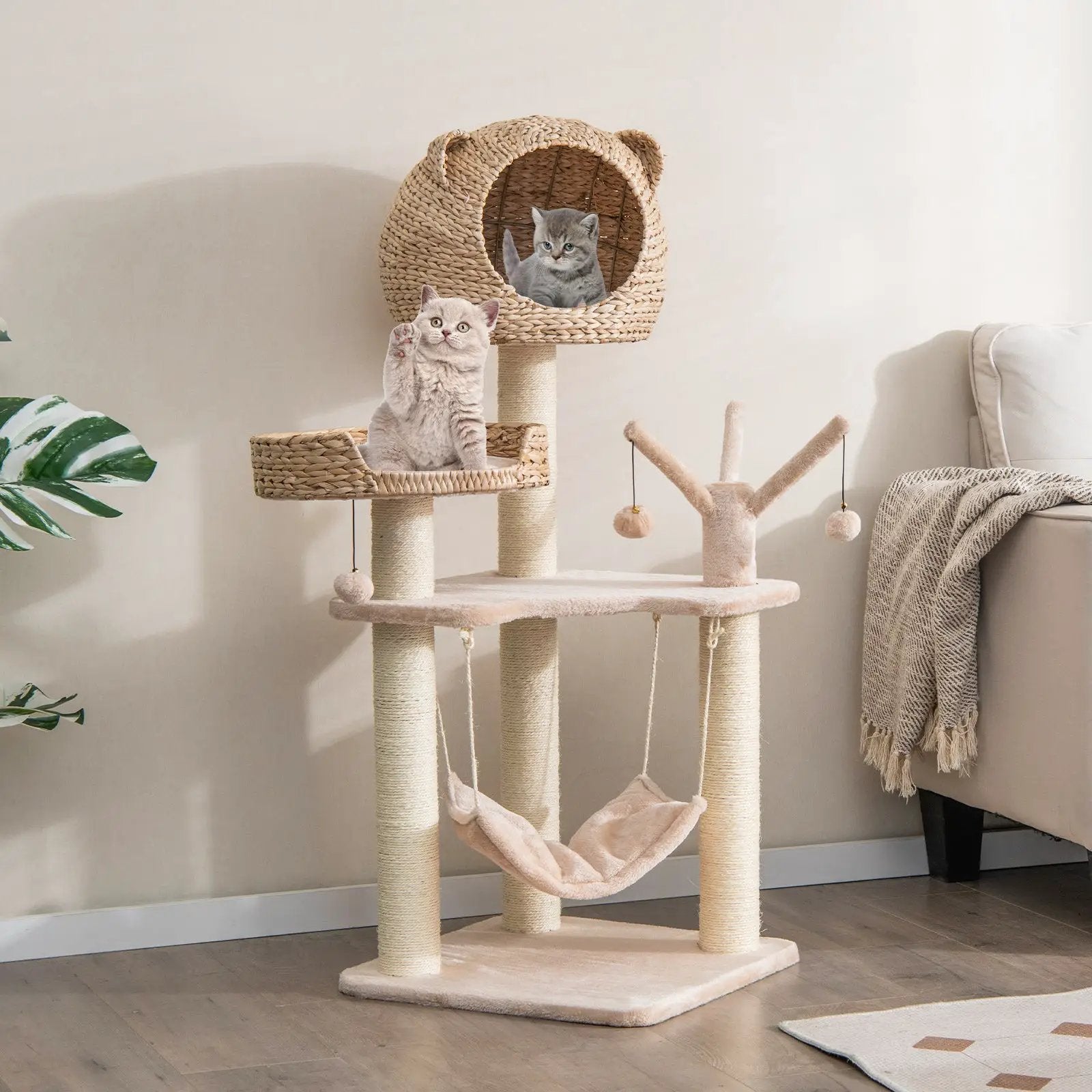 Multi-Level Cat Tree with Condo Hammock and Rotatable Hanging Balls-Natural by DirectDeals