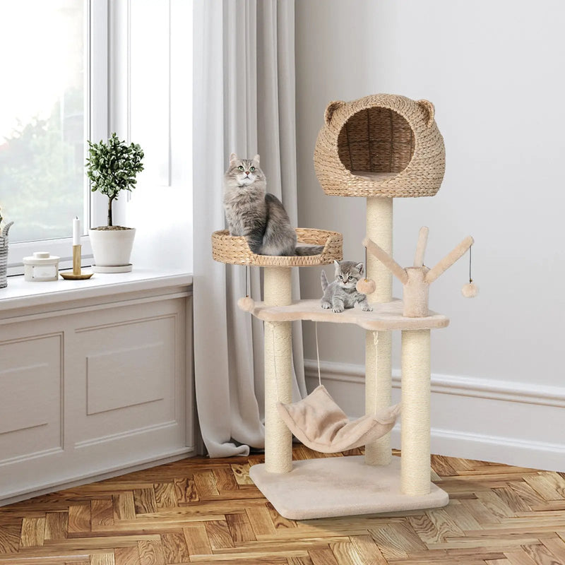Multi-Level Cat Tree with Condo Hammock and Rotatable Hanging Balls-Natural by DirectDeals