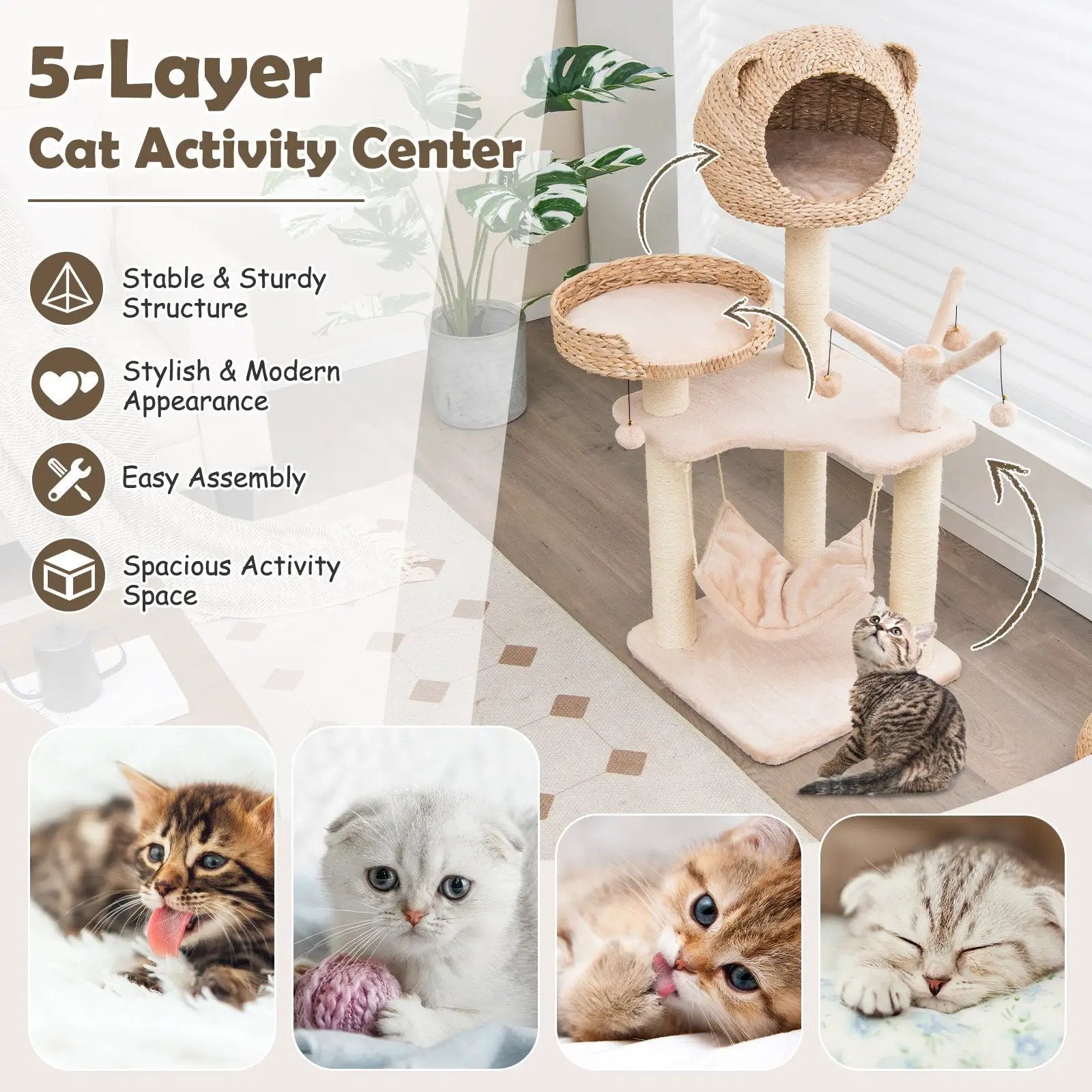 Multi-Level Cat Tree with Condo Hammock and Rotatable Hanging Balls-Natural by DirectDeals