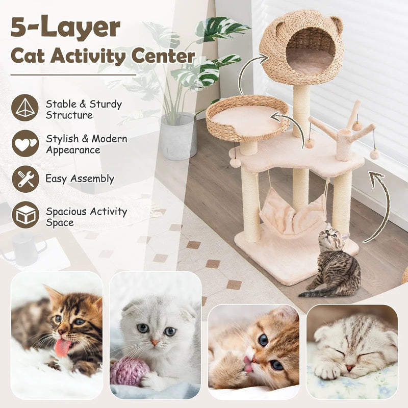 Multi-Level Cat Tree with Condo Hammock and Rotatable Hanging Balls-Natural by DirectDeals