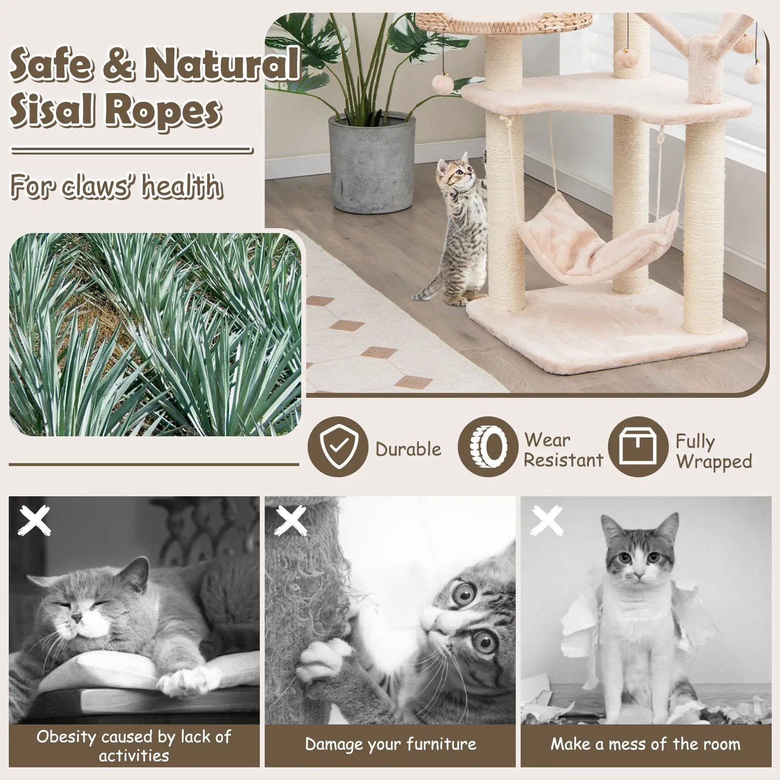 Multi-Level Cat Tree with Condo Hammock and Rotatable Hanging Balls-Natural by DirectDeals