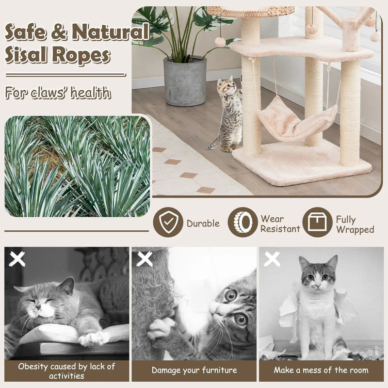 Multi-Level Cat Tree with Condo Hammock and Rotatable Hanging Balls-Natural by DirectDeals