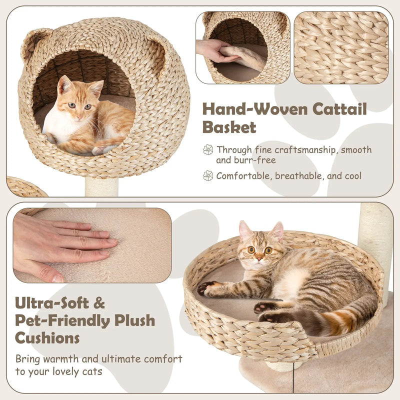 Multi-Level Cat Tree with Condo Hammock and Rotatable Hanging Balls-Natural by DirectDeals