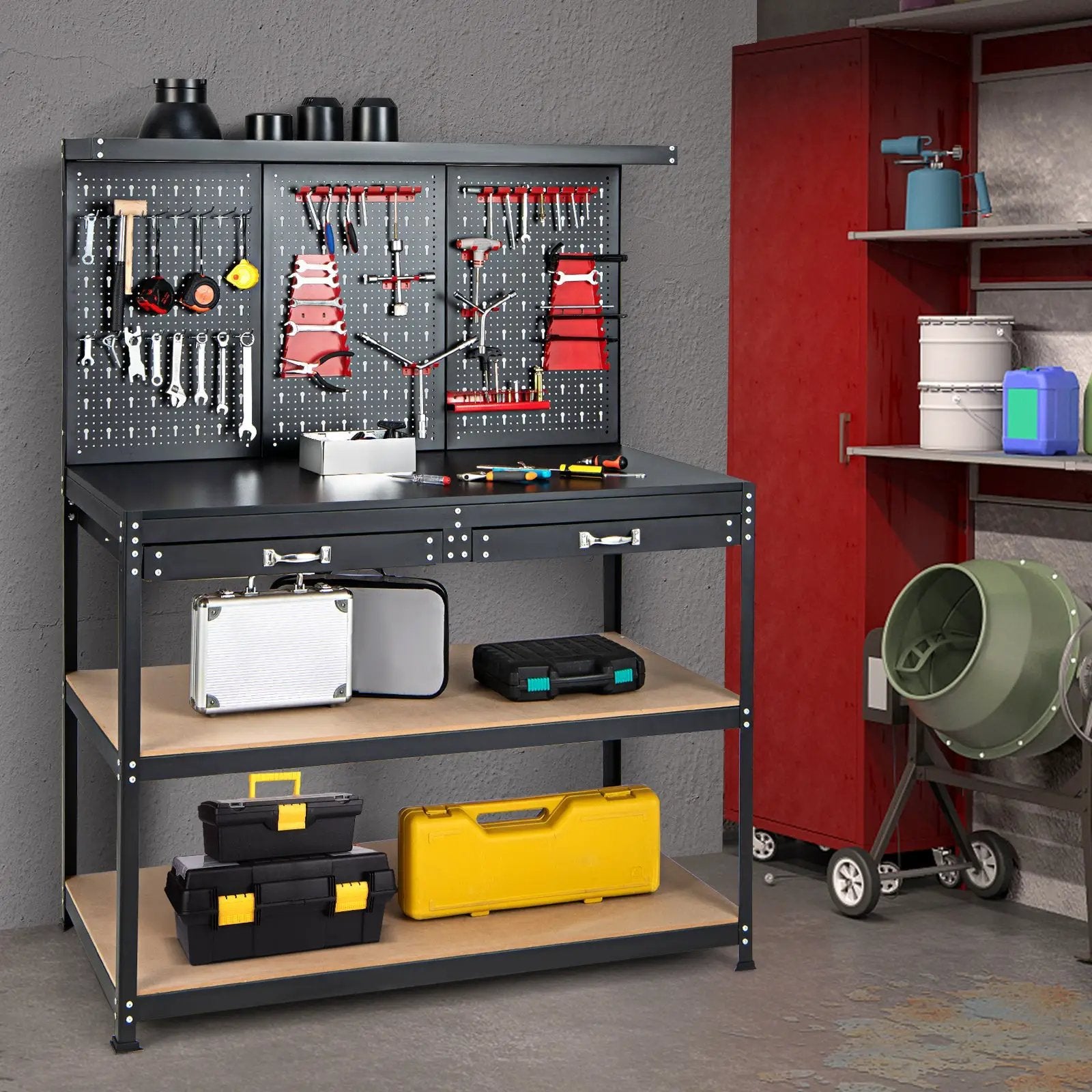 48 Inch Workbench with Pegboard and Drawers-Black by DirectDeals