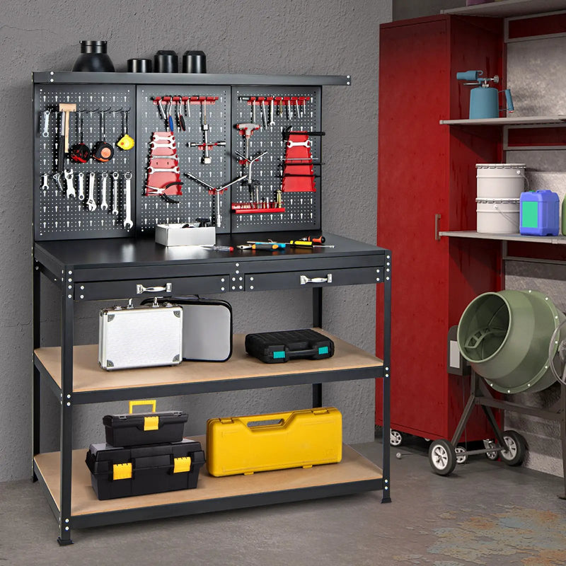 48 Inch Workbench with Pegboard and Drawers-Black by DirectDeals