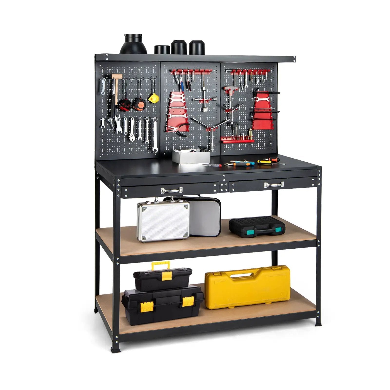 48 Inch Workbench with Pegboard and Drawers-Black by DirectDeals
