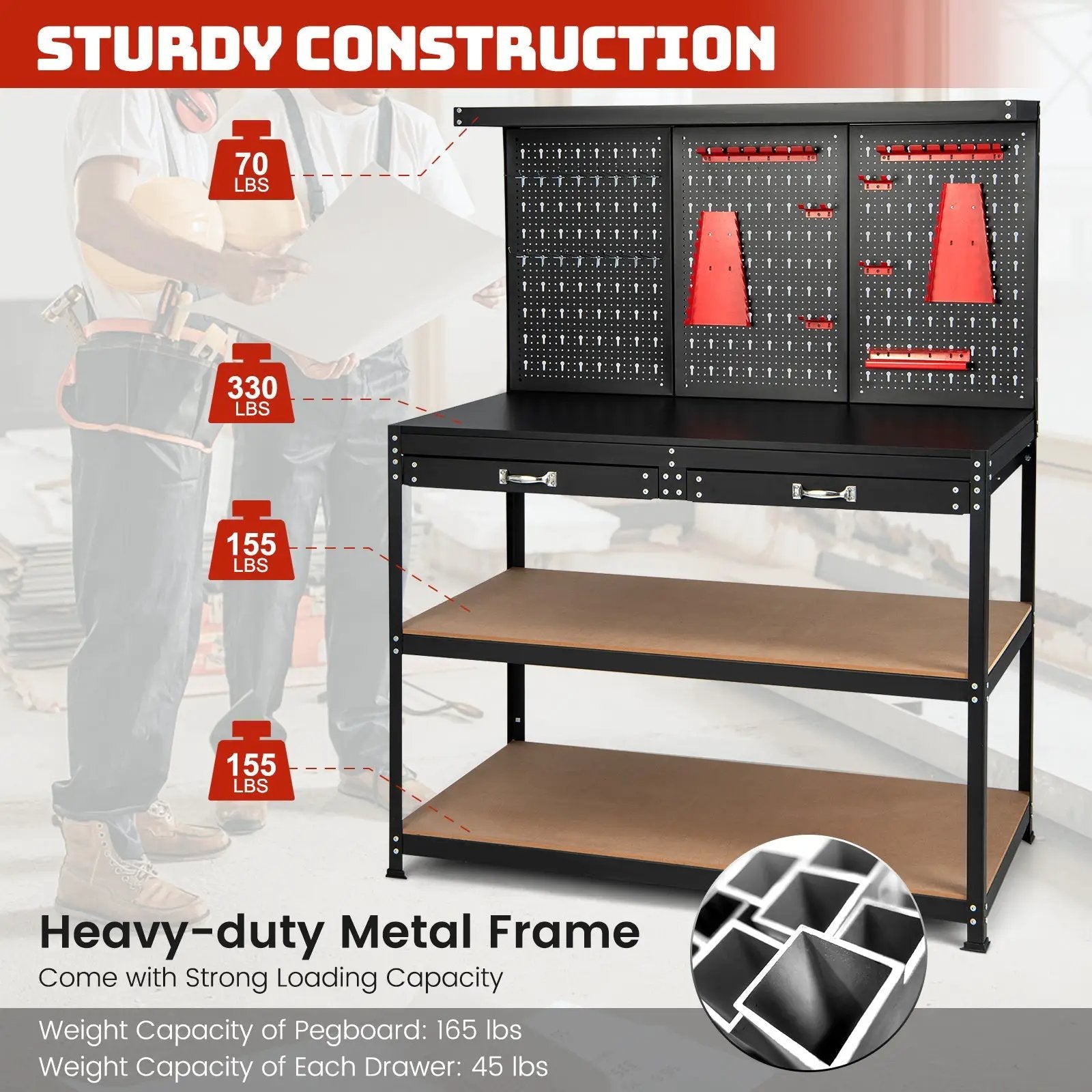 48 Inch Workbench with Pegboard and Drawers-Black by DirectDeals