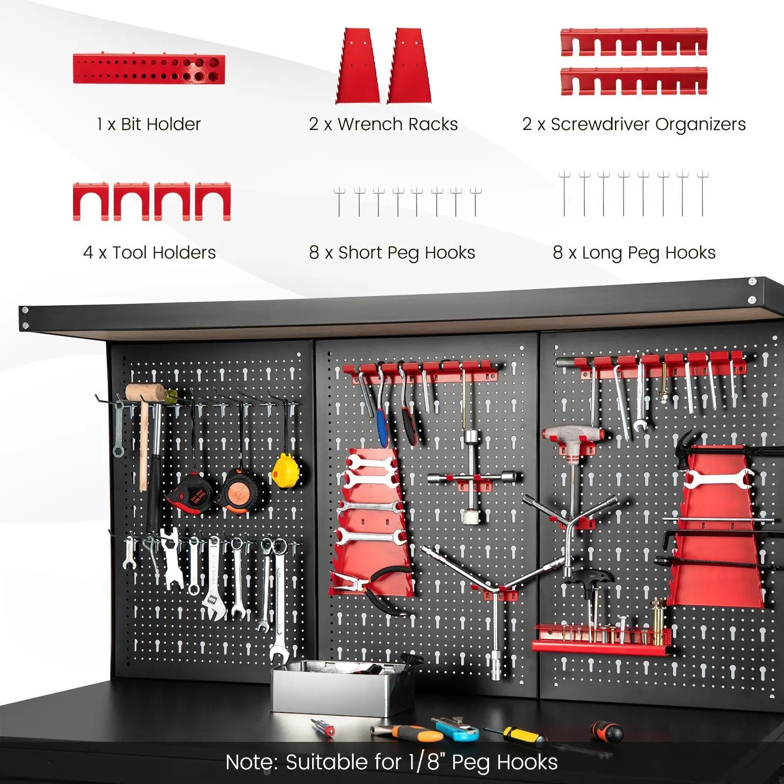 48 Inch Workbench with Pegboard and Drawers-Black by DirectDeals