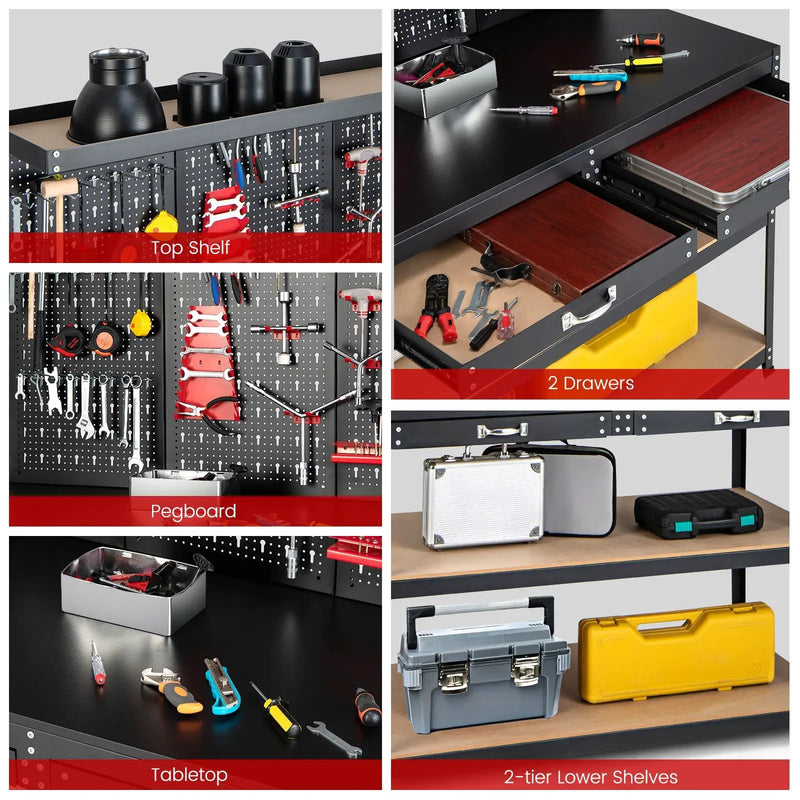 48 Inch Workbench with Pegboard and Drawers-Black by DirectDeals