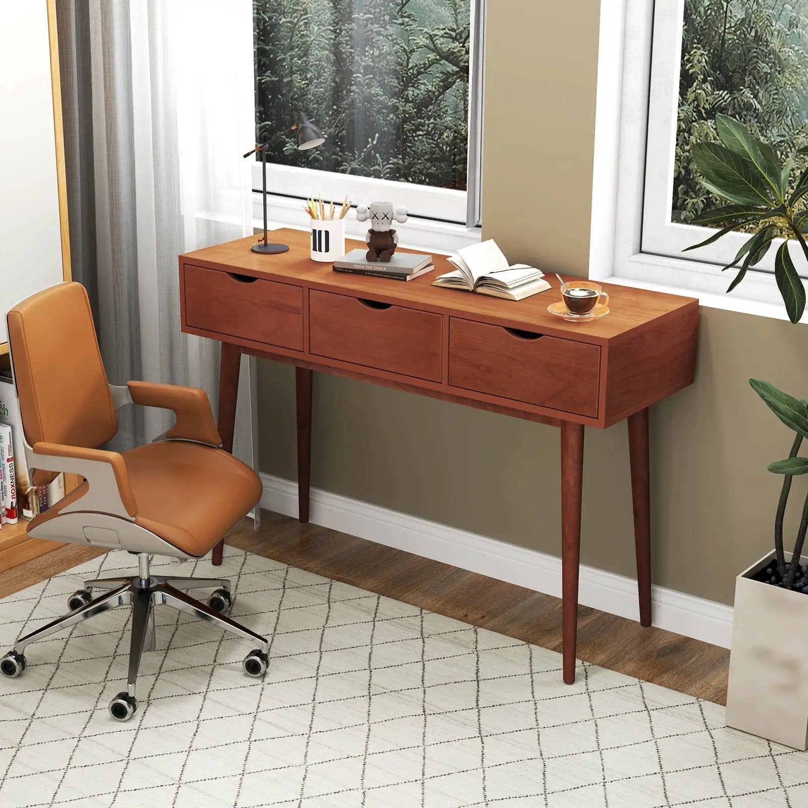 48 Inch Writing Computer Desk with 3 Drawers Solid Wood Legs-Walnut by DirectDeals