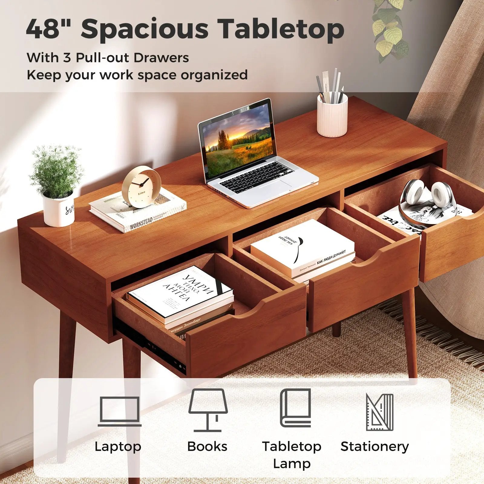 48 Inch Writing Computer Desk with 3 Drawers Solid Wood Legs-Walnut by DirectDeals
