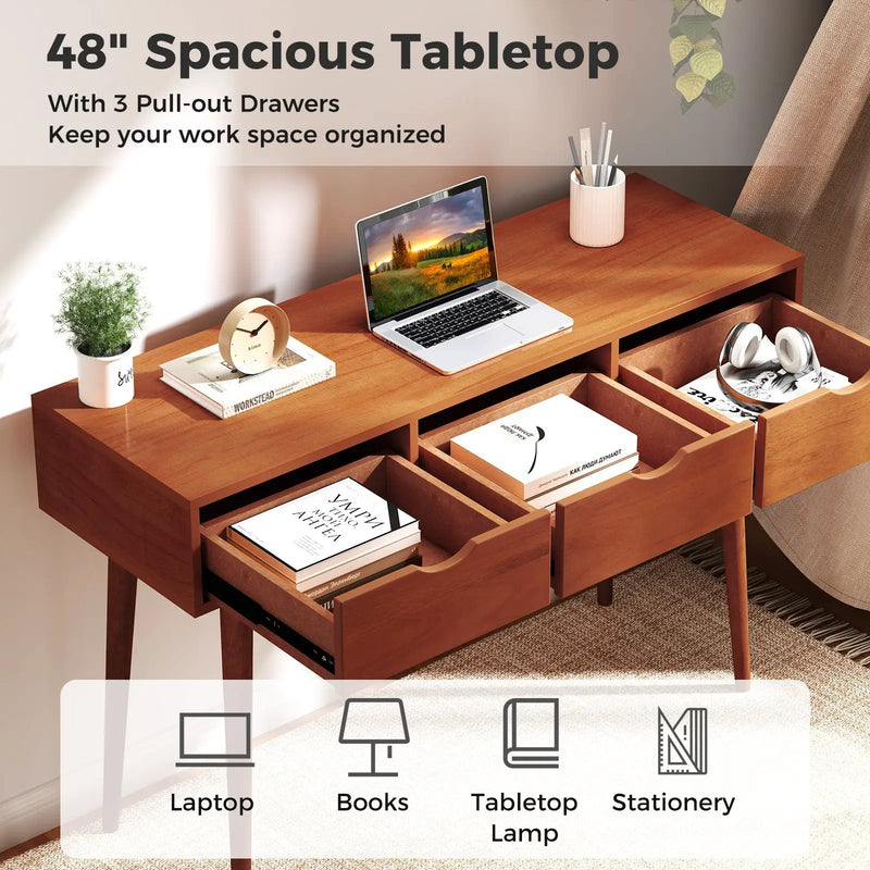 48 Inch Writing Computer Desk with 3 Drawers Solid Wood Legs-Walnut by DirectDeals