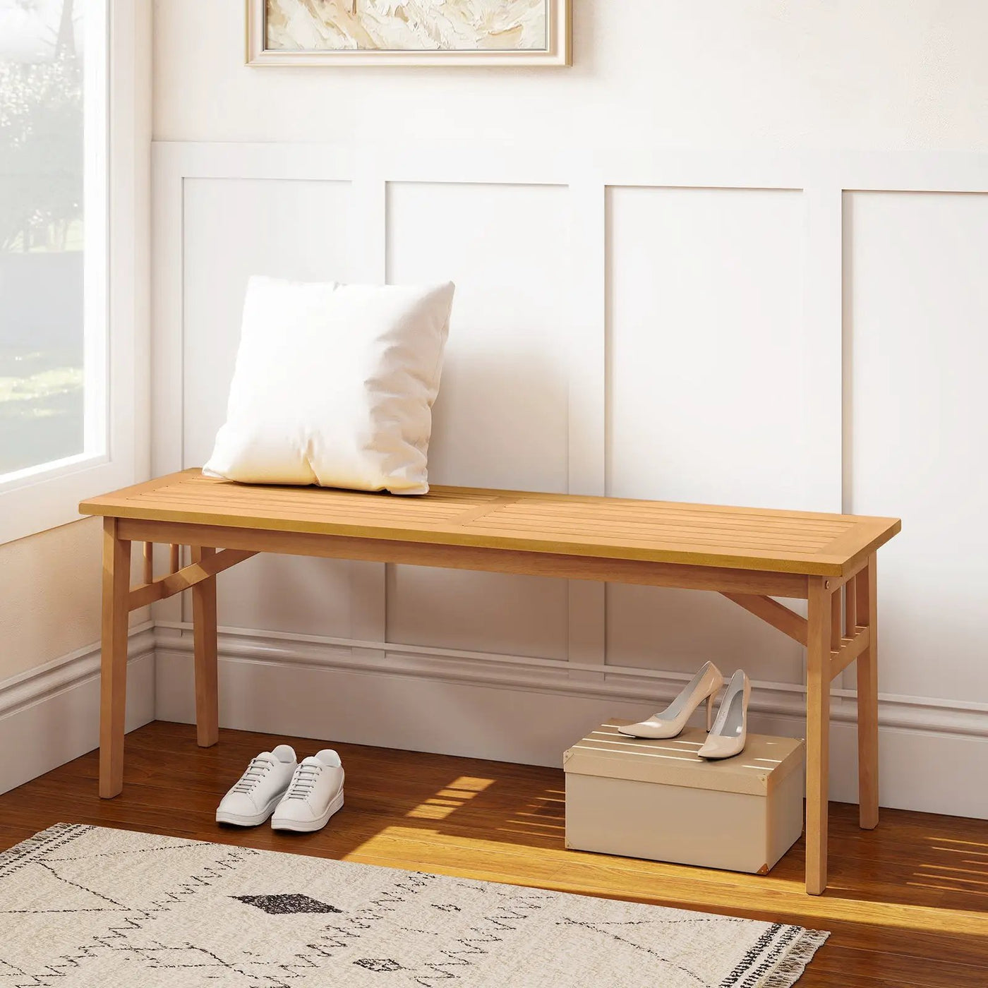 48 Inches Acacia Wood Bench with Breathable Slat Seat and Stable Triangular Structure by DirectDeals