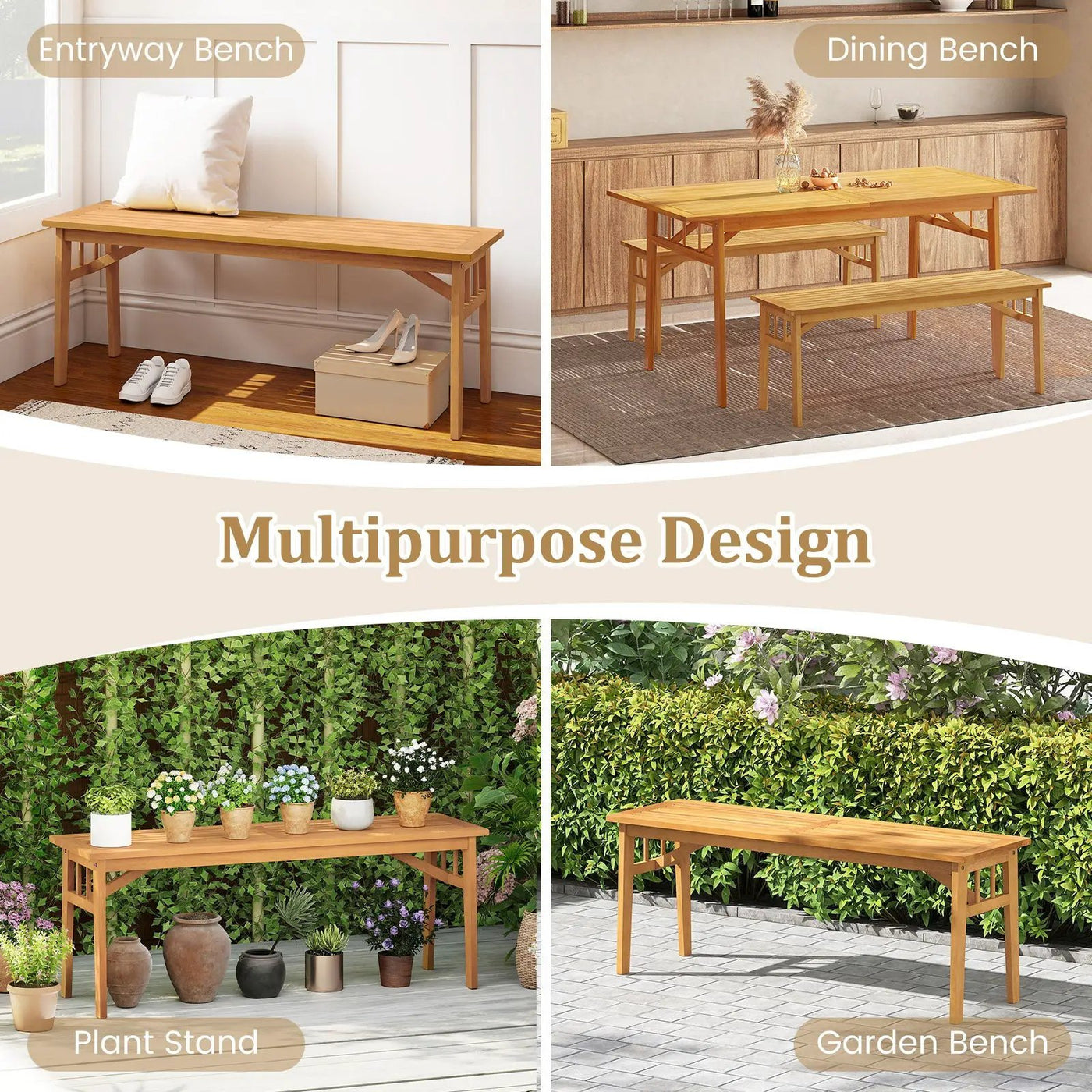 48 Inches Acacia Wood Bench with Breathable Slat Seat and Stable Triangular Structure by DirectDeals