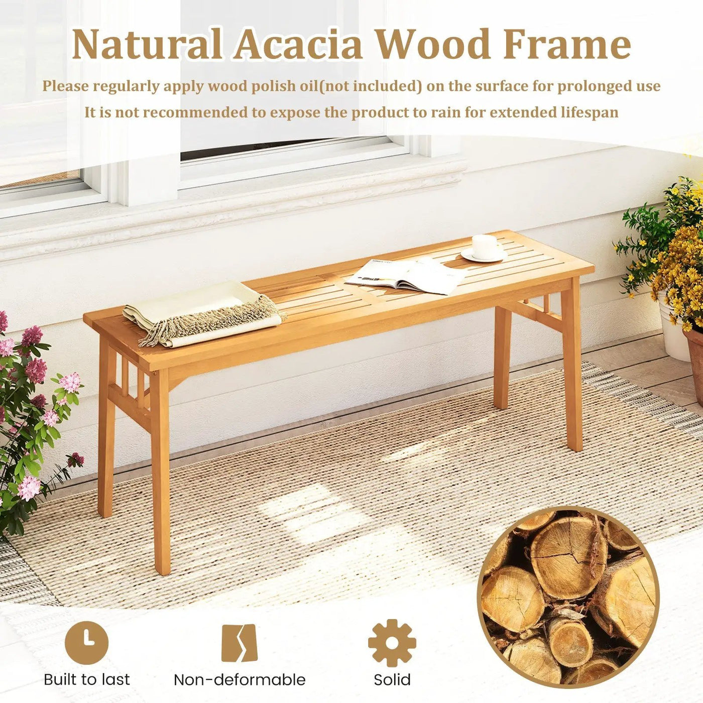 48 Inches Acacia Wood Bench with Breathable Slat Seat and Stable Triangular Structure by DirectDeals