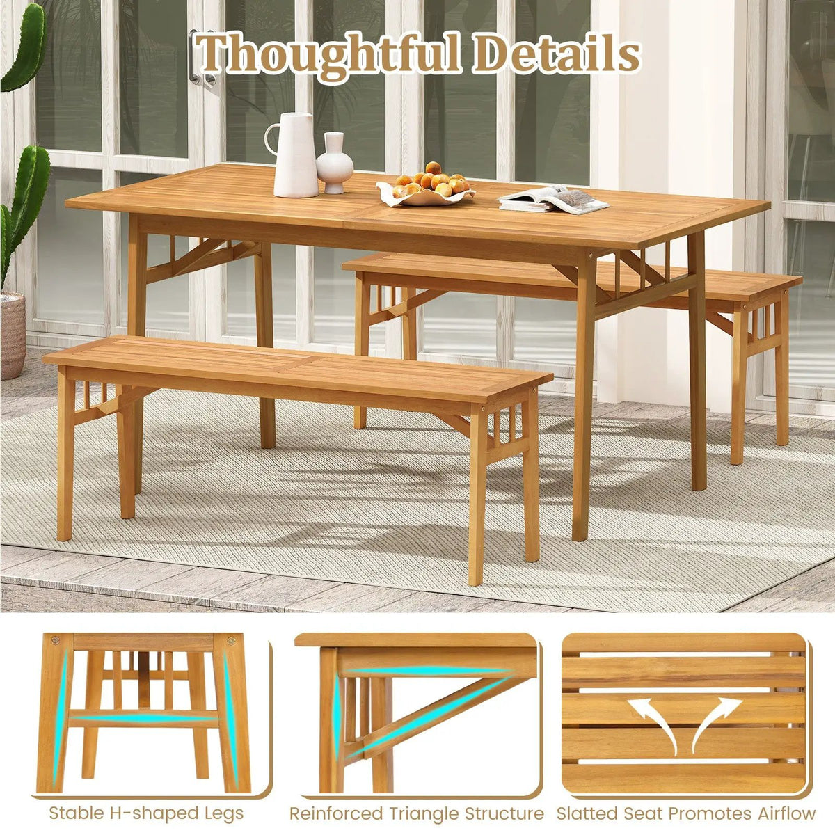 48 Inches Acacia Wood Bench with Breathable Slat Seat and Stable Triangular Structure by DirectDeals