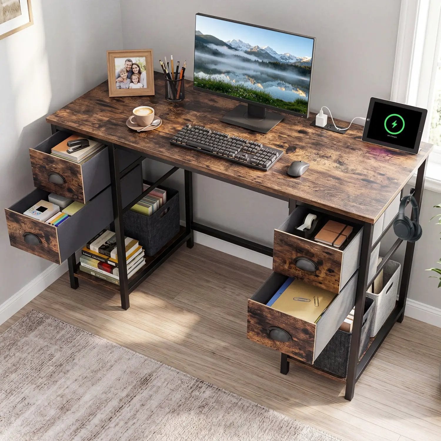 48-Inch Computer Desk with Power Outlet & 4 Fabric Drawers by DirectDeals