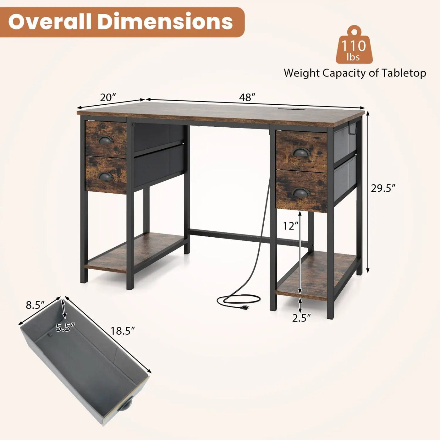 48-Inch Computer Desk with Power Outlet & 4 Fabric Drawers by DirectDeals