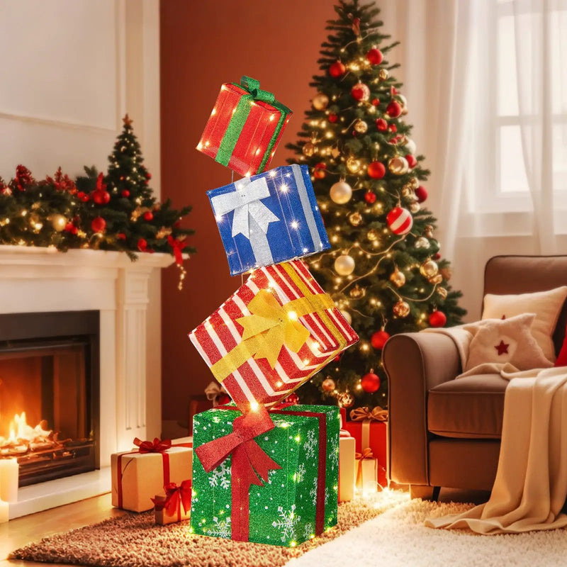 48 Inches Lighted Stacked Gift Boxes with Built-in LED Lights and Decorative Bows by DirectDeals