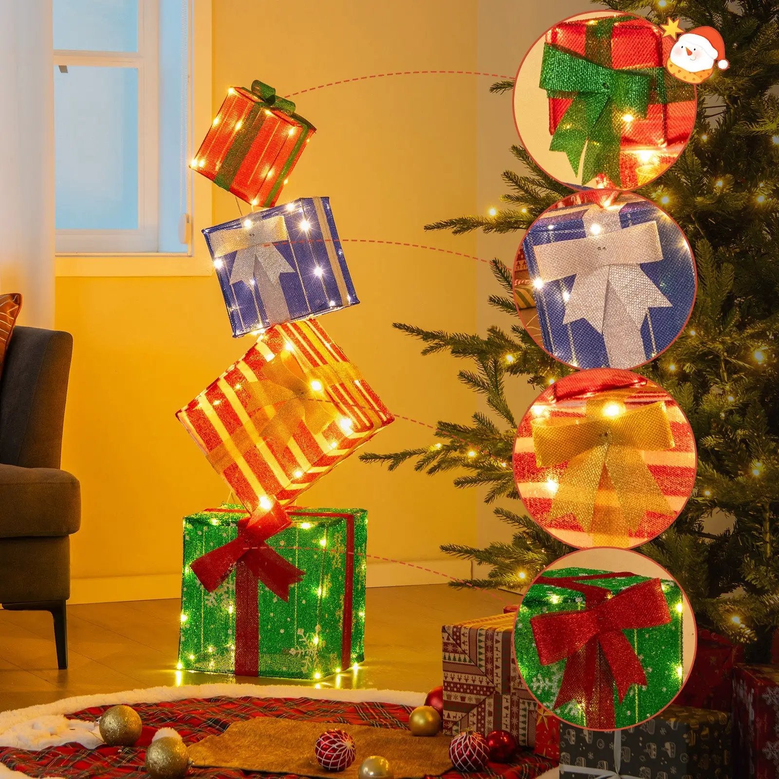 48 Inches Lighted Stacked Gift Boxes with Built-in LED Lights and Decorative Bows by DirectDeals