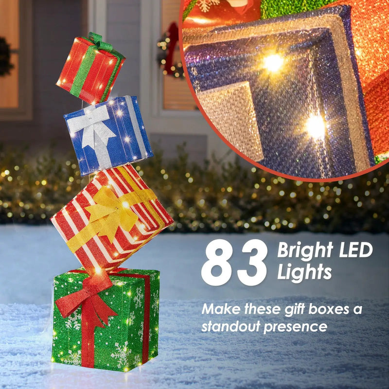 48 Inches Lighted Stacked Gift Boxes with Built-in LED Lights and Decorative Bows by DirectDeals