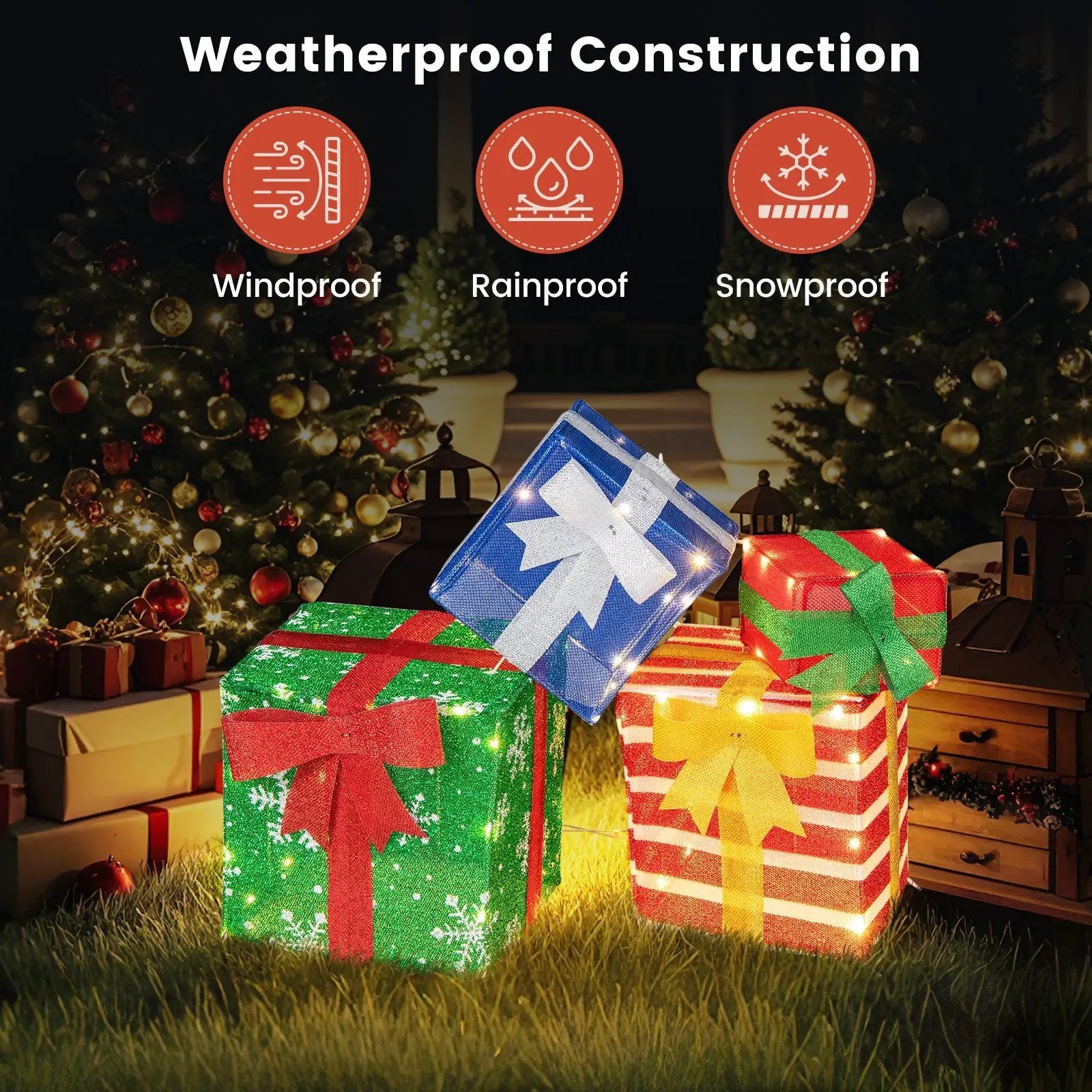 48 Inches Lighted Stacked Gift Boxes with Built-in LED Lights and Decorative Bows by DirectDeals