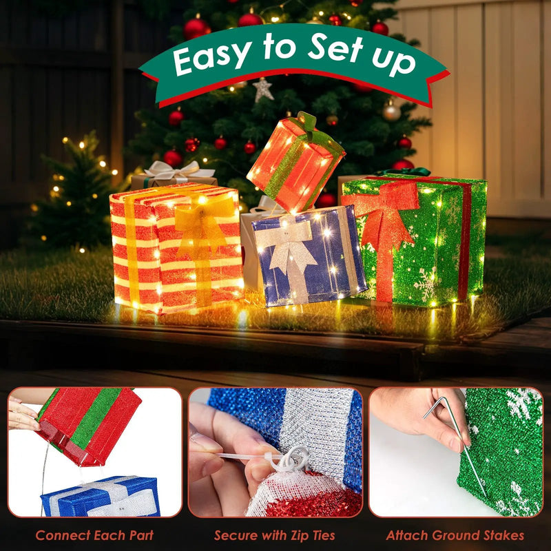 48 Inches Lighted Stacked Gift Boxes with Built-in LED Lights and Decorative Bows by DirectDeals