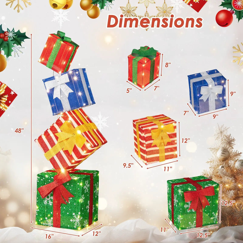 48 Inches Lighted Stacked Gift Boxes with Built-in LED Lights and Decorative Bows by DirectDeals