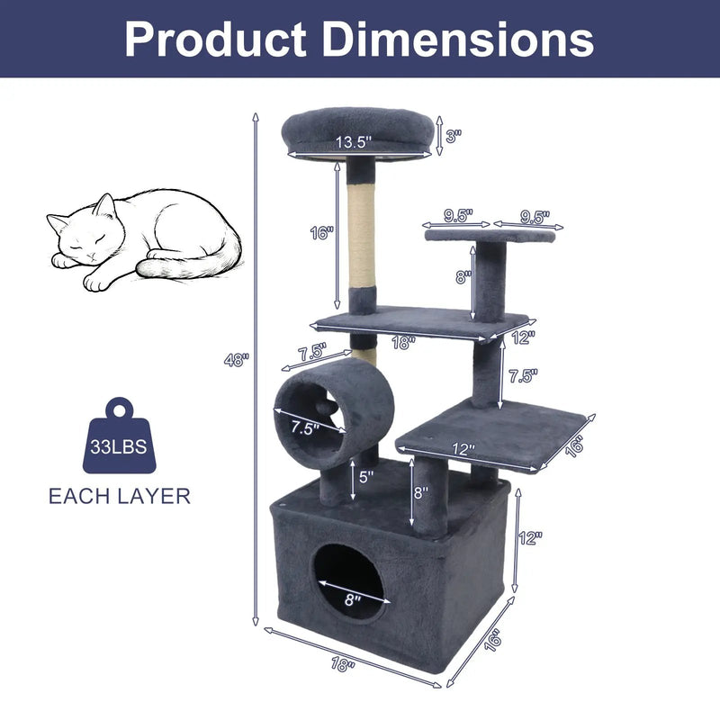 48 Inches Tall Cat Tree Multi-Level Kitten Tower with Large Condo Padded Top Perch by DirectDeals