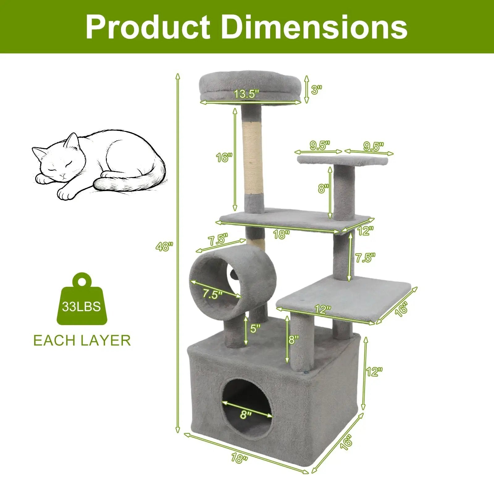48 Inches Tall Cat Tree Multi-Level Kitten Tower with Large Condo Padded Top Perch by DirectDeals