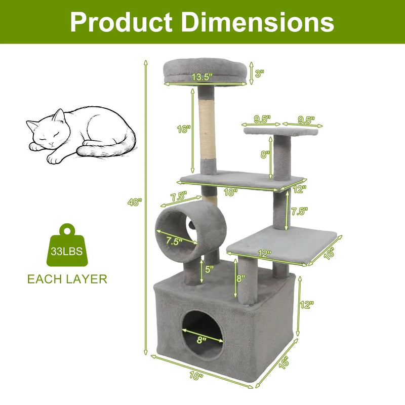 48 Inches Tall Cat Tree Multi-Level Kitten Tower with Large Condo Padded Top Perch by DirectDeals