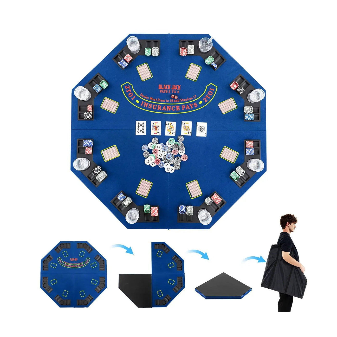 48 Inch 8-Player Foldable Poker Table Top with Carrying Bag and Cup Holders by DirectDeals