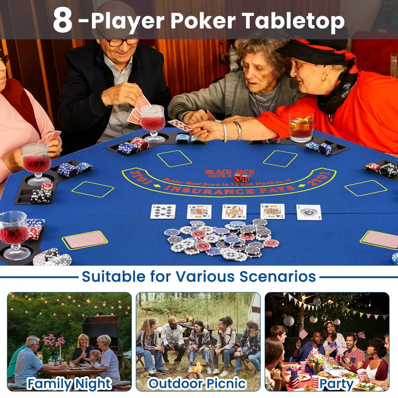 48 Inch 8-Player Foldable Poker Table Top with Carrying Bag and Cup Holders by DirectDeals