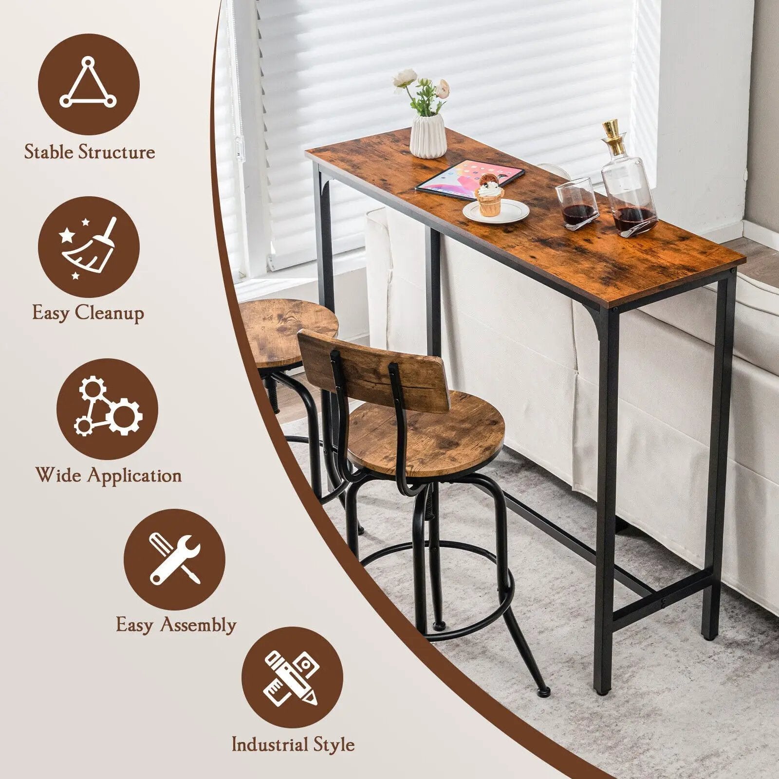 48 Inch Industrial Pub Dining Table with Steel Frame-Rustic Brown by DirectDeals