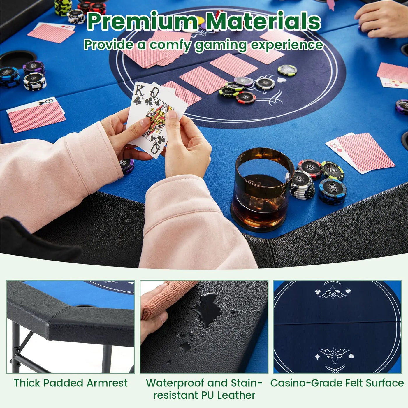 48 Inches Foldable Poker Table with Padded Rails and Cup Holders by DirectDeals
