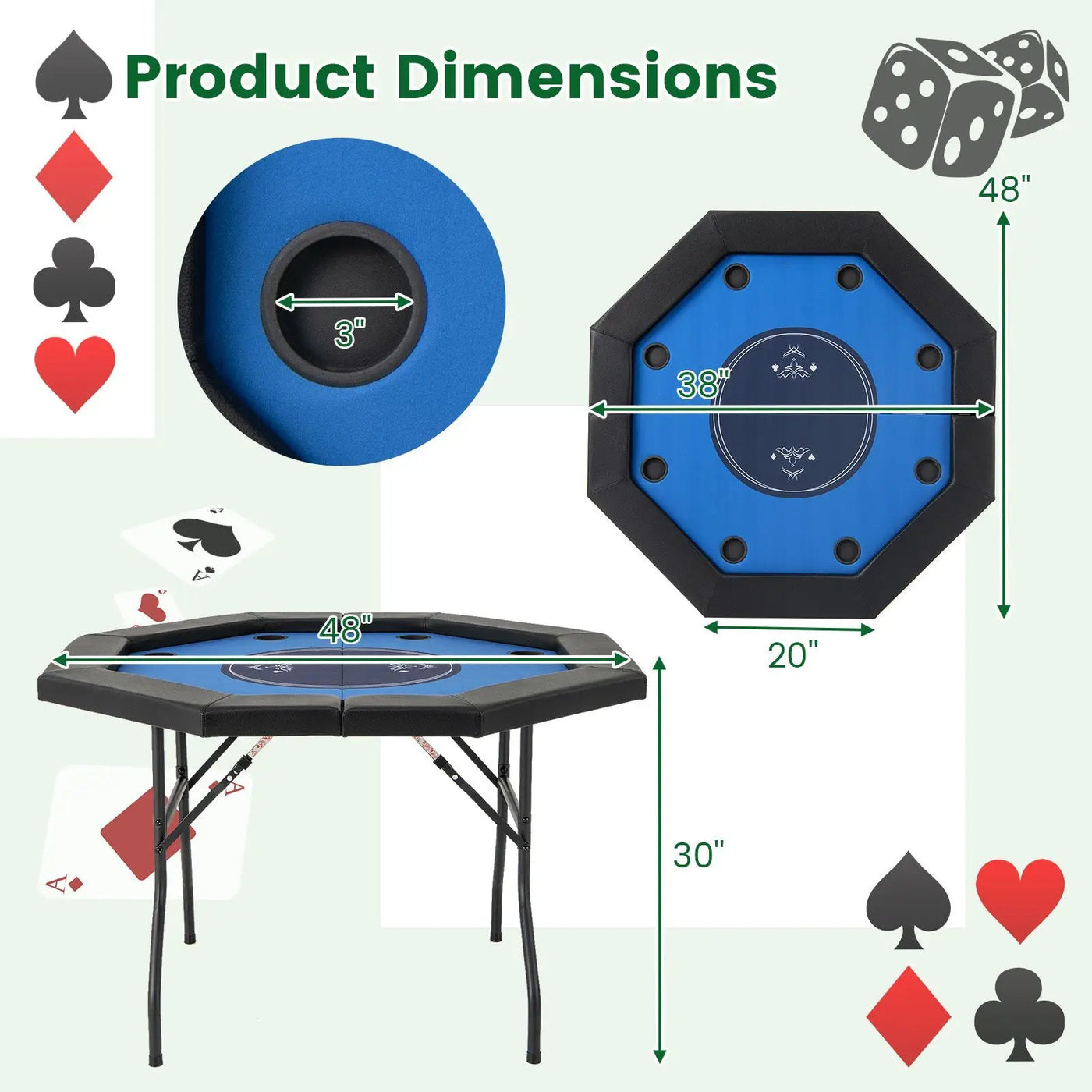 48 Inches Foldable Poker Table with Padded Rails and Cup Holders by DirectDeals